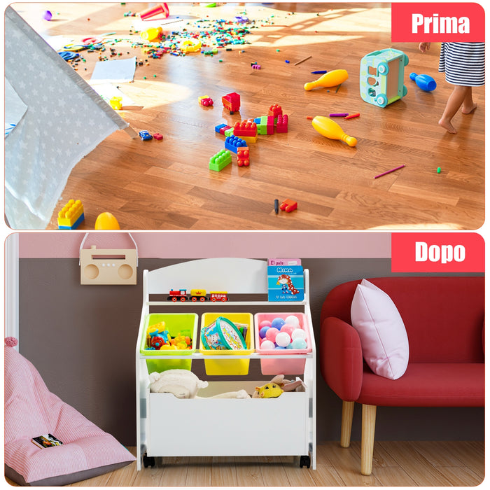 Libreria di legno con ruote per bambini, Organizer libri e giocattoli con 3 cesti, Bianco-Scaffalature