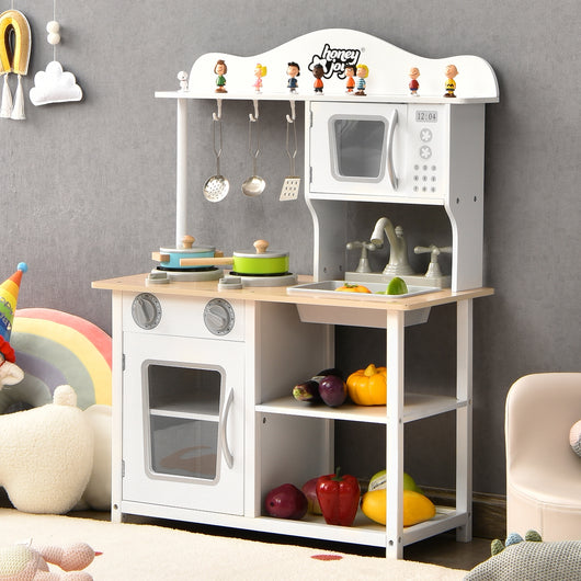 Cucina giocattolo di legno per bambini con lavello e fornello, Set cucina finta con pentole e utensili Bianco-Cucine giocattoli