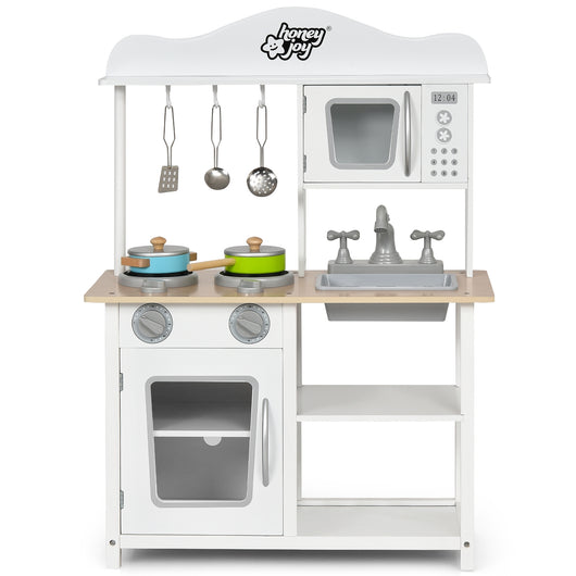 Cucina giocattolo di legno per bambini con lavello e fornello, Set cucina finta con pentole e utensili Bianco-Cucine giocattoli