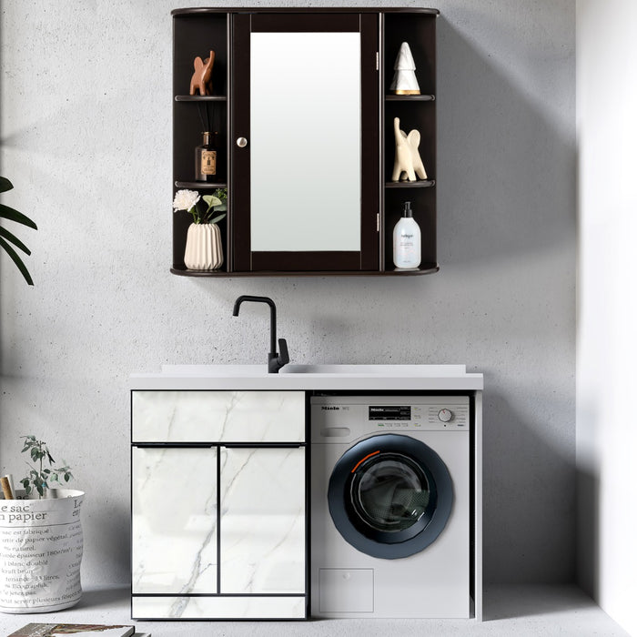 Armadietto del bagno con specchio e mensole regolabili al muro-Armadietto di legno per bagno e salone Marrone