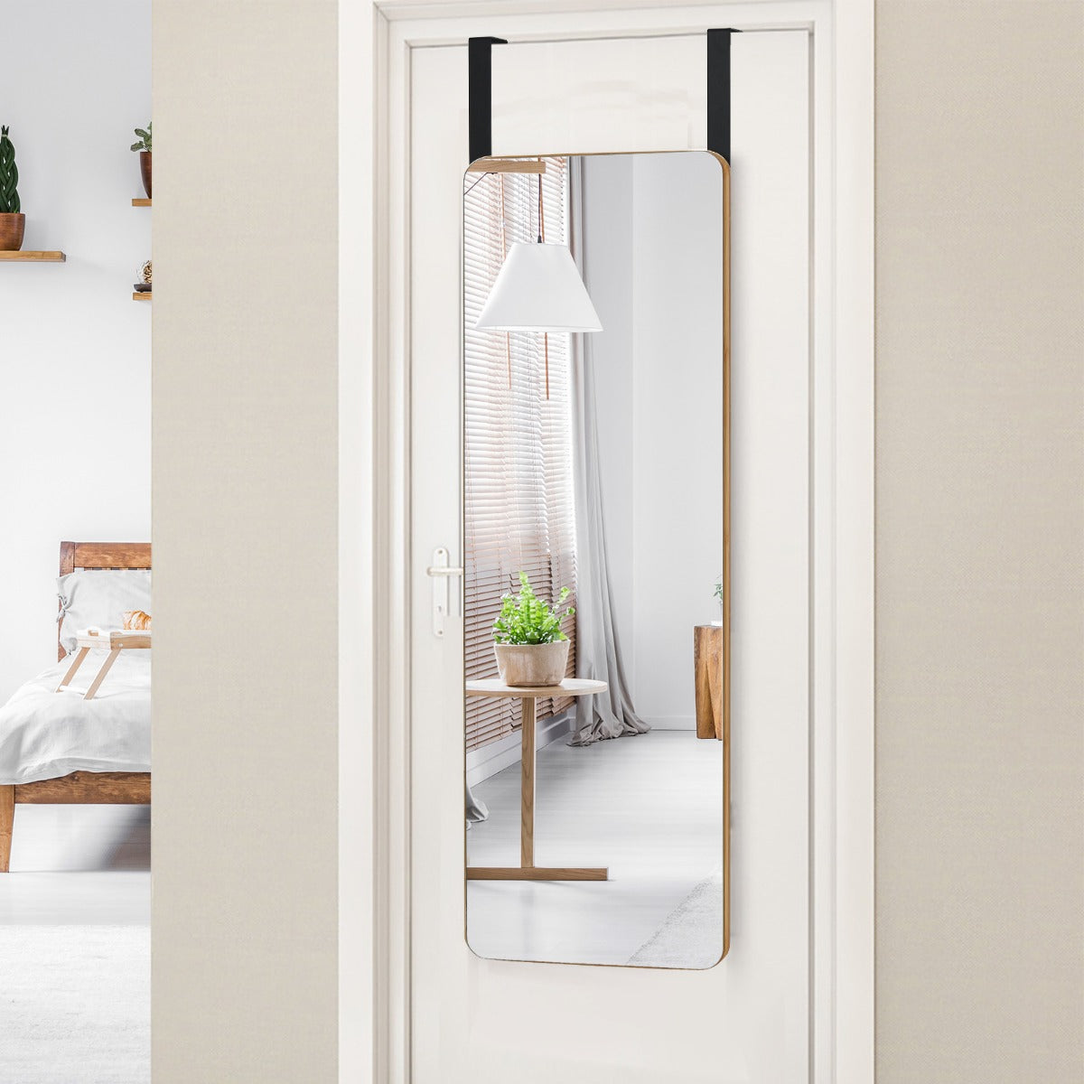 Specchio rettangolare montato al muro o porta con angoli arrotondati, Specchio da trucco da appendere con 2 ganci-Specchi da parete