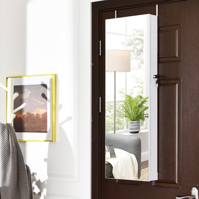 Armadio per gioielli al muro o alla porta con specchio, Organizer gioielli con 6 luci LED e 2 cassetti Bianco-Armadietti per gioielli