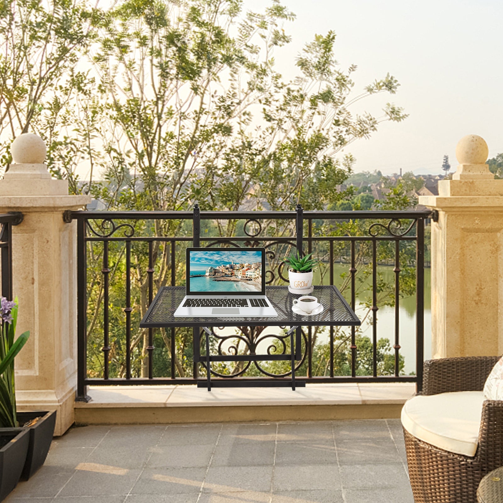 Mensola di ferro da appendere, Tavolo pieghevole per ringhiera con 5 livelli regolabili in altezza-Scaffali per piante