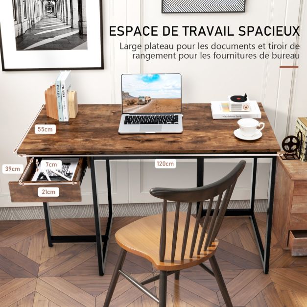 Scrivania per computer Cassetto da 120 cm Struttura in metallo Poggiapiedi regolabili Ufficio moderno Postazione di lavoro per laptop Caffè 20_0004829