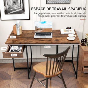 Scrivania per computer Cassetto da 120 cm Struttura in metallo Poggiapiedi regolabili Ufficio moderno Postazione di lavoro per laptop Caffè 20_0004829