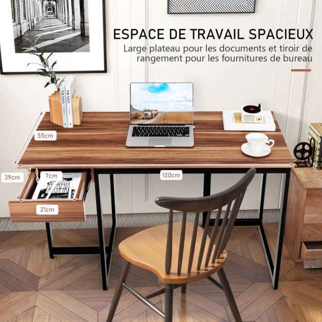 Scrivania per computer Cassetto da 120 cm Struttura in metallo Poggiapiedi regolabile Postazione di lavoro moderna per laptop da ufficio Noce 20_0004830