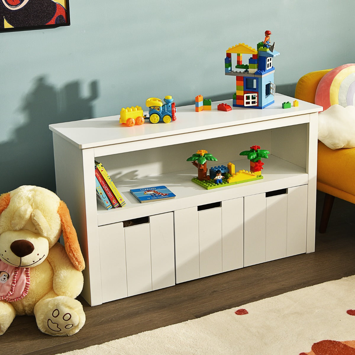 Armadio di legno con 3 cassetti e ruote per salone e camera da letto, Organizer per giocattoli dei bambini Bianco-Credenze buffet