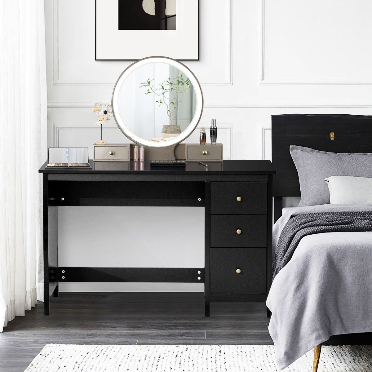 Scrivania per computer con 3 cassetti per casa studio ufficio, Tavolo per laptop con superficie spaziosa Nero-Scrivanie