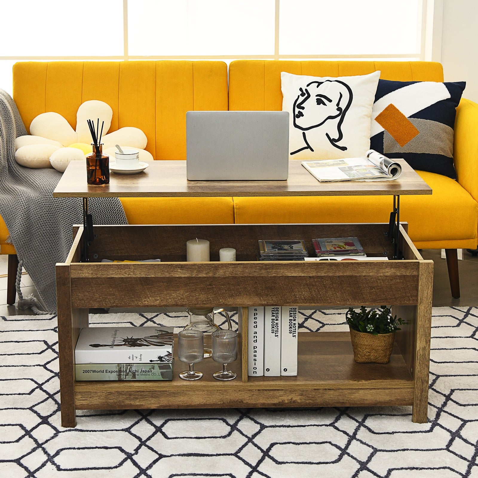 Tavolino da caff¨¨ con superficie estraibile, Tavolino da caff¨¨ moderno con parte sollevabile Naturale-Tavolini da salotto