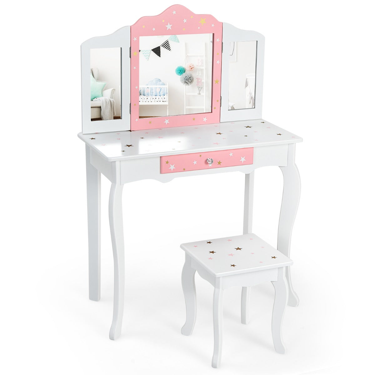 Set tavolo da toeletta e sgabello per bambini tavolo da trucco a specchio triplo rimovibile con cassetto bianco 20_0005023