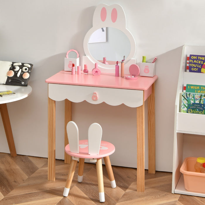 Set tavolo toeletta con specchio e cassetti per bambini, Tavolo da trucco con sedia e scatole 60x34x103cm Rosa-Toelette per bimbi