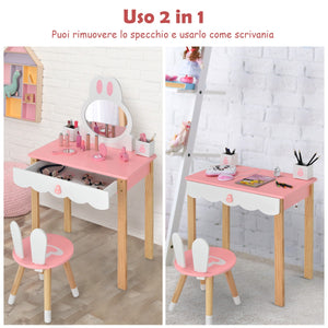 Set tavolo toeletta con specchio e cassetti per bambini, Tavolo da trucco con sedia e scatole 60x34x103cm Rosa-Toelette per bimbi