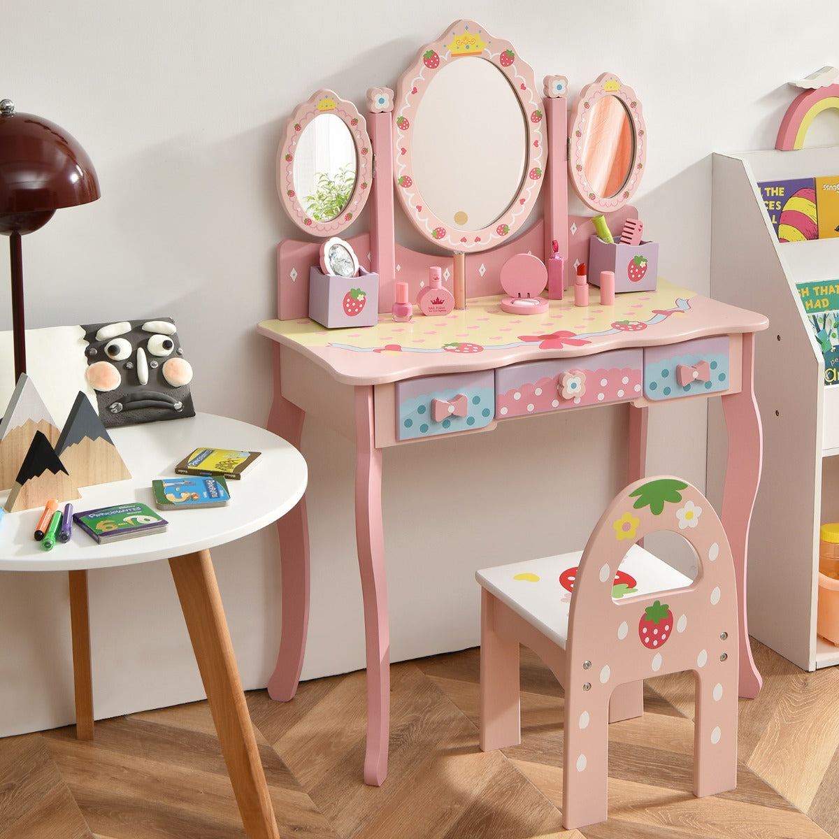 Set toeletta con specchio tripartito e 3 cassetti per bambini, Tavolo da trucco con sgabello e 2 scatole Rosa-Toelette per bimbi