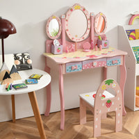 Set toeletta con specchio tripartito e 3 cassetti per bambini, Tavolo da trucco con sgabello e 2 scatole Rosa-Toelette per bimbi