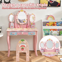 Set toeletta con specchio tripartito e 3 cassetti per bambini, Tavolo da trucco con sgabello e 2 scatole Rosa-Toelette per bimbi