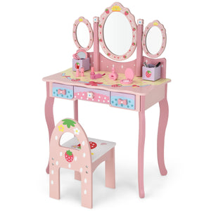 Set toeletta con specchio tripartito e 3 cassetti per bambini, Tavolo da trucco con sgabello e 2 scatole Rosa-Toelette per bimbi