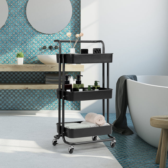 Carrello multifunzione con 3 cesti e maniglia in ABS e ferro da cucina e bagno 42x35x87cm Nero-Carrelli