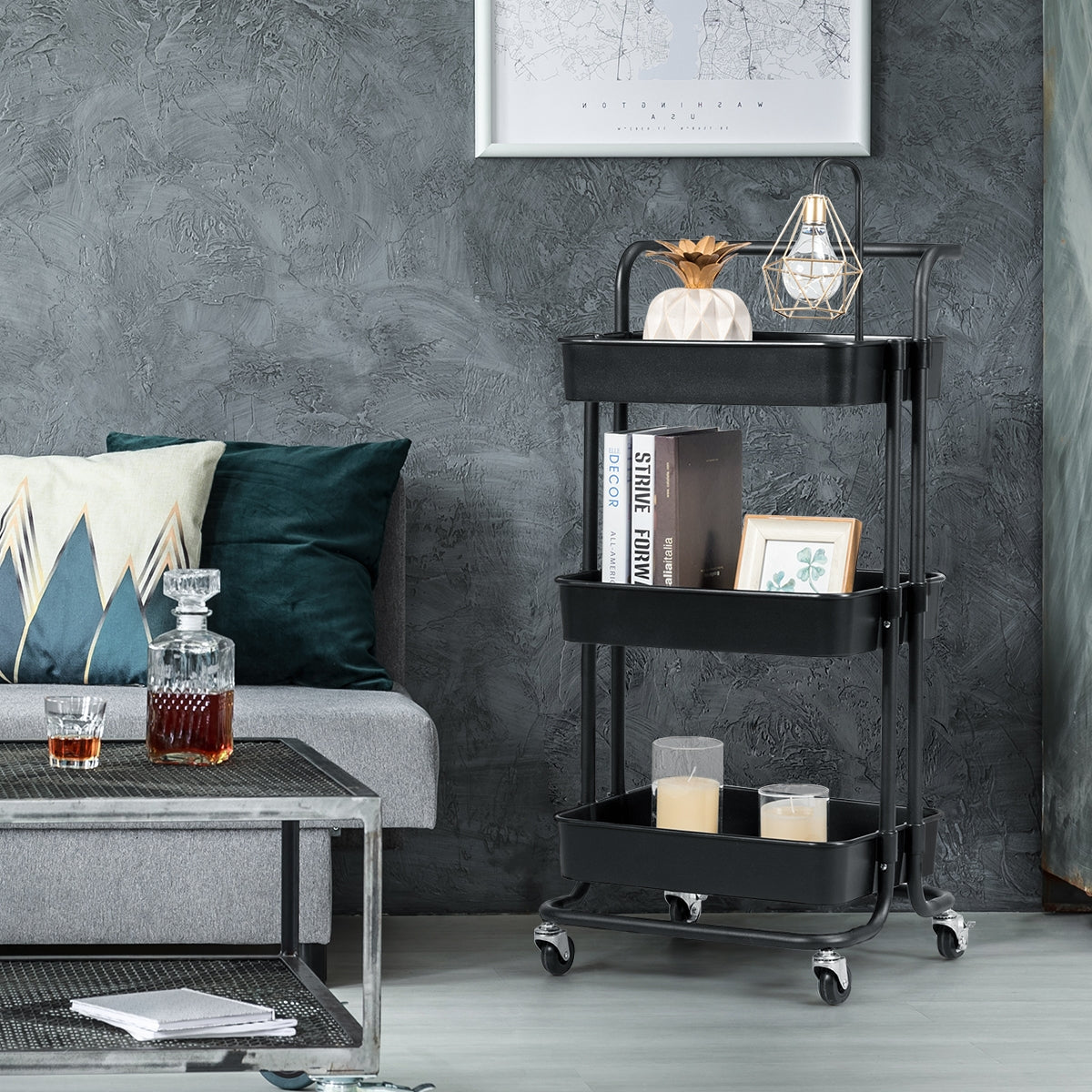 Carrello multifunzione con 3 cesti e maniglia in ABS e ferro da cucina e bagno 42x35x87cm Nero-Carrelli