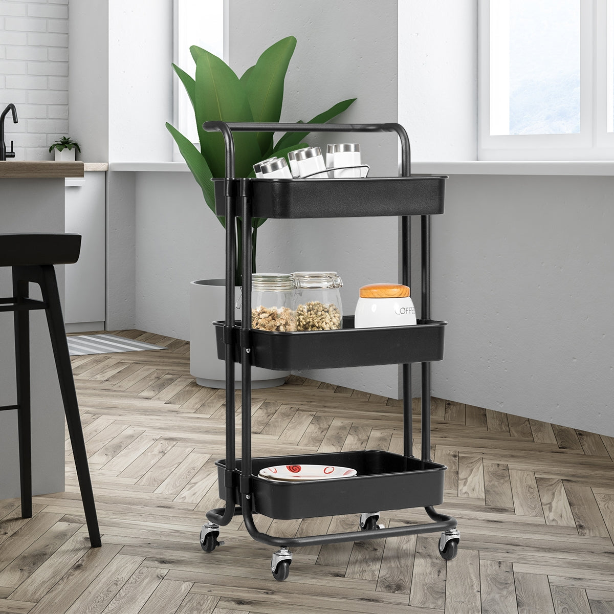Carrello multifunzione con 3 cesti e maniglia in ABS e ferro da cucina e bagno 42x35x87cm Nero-Carrelli