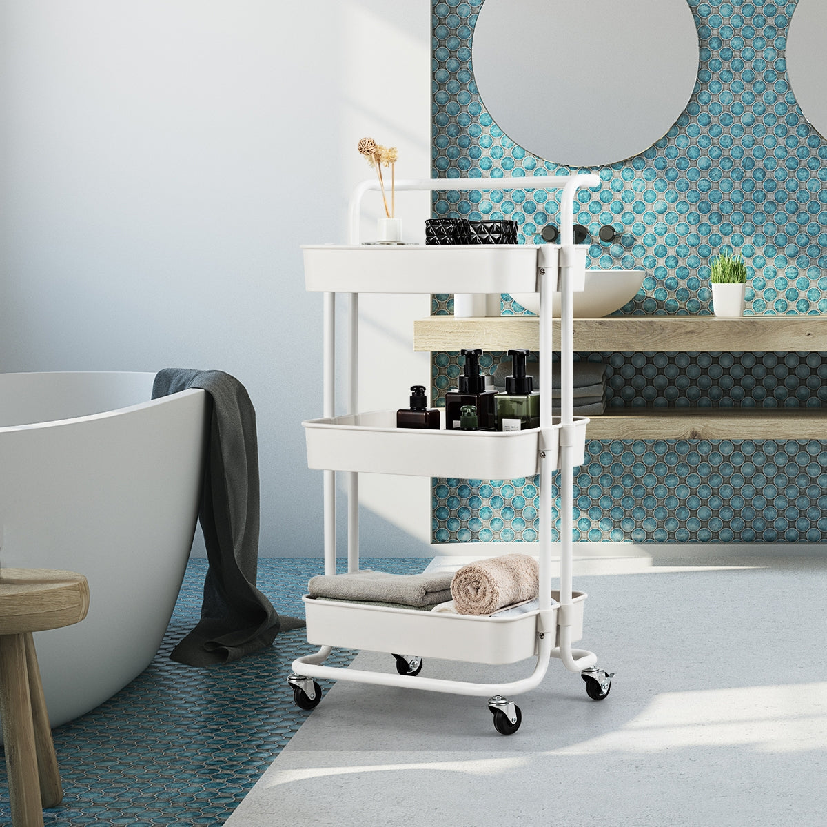 Carrello multifunzione con 3 cesti e maniglia in ABS e ferro da cucina e bagno 42x35x87cm Bianco-Carrelli