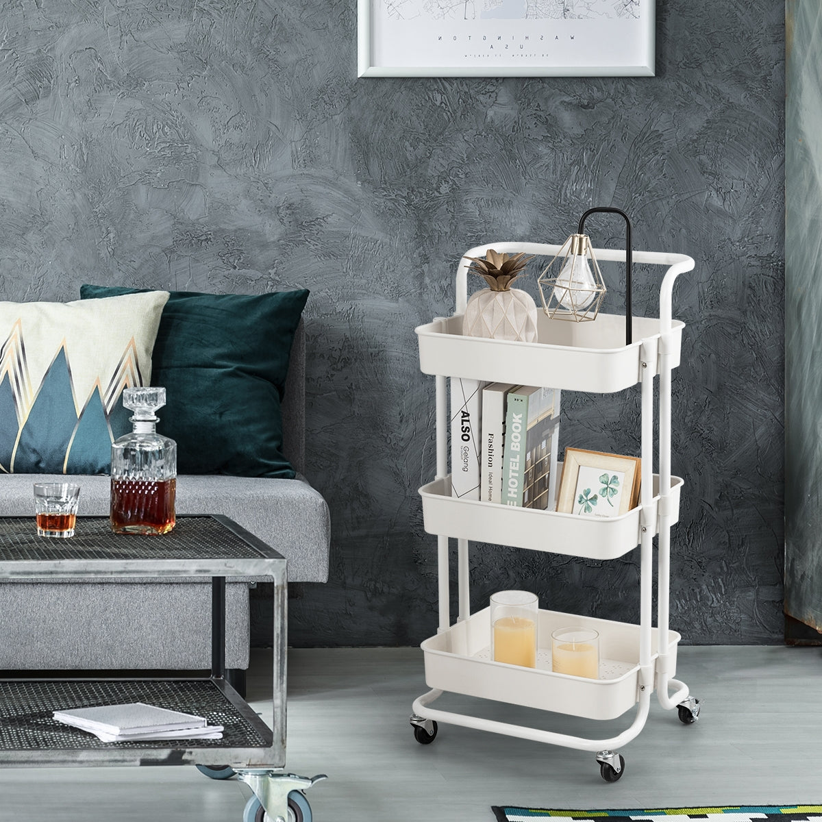 Carrello multifunzione con 3 cesti e maniglia in ABS e ferro da cucina e bagno 42x35x87cm Bianco-Carrelli