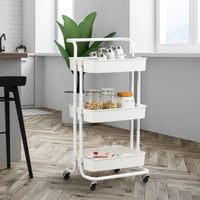 Carrello multifunzione con 3 cesti e maniglia in ABS e ferro da cucina e bagno 42x35x87cm Bianco-Carrelli