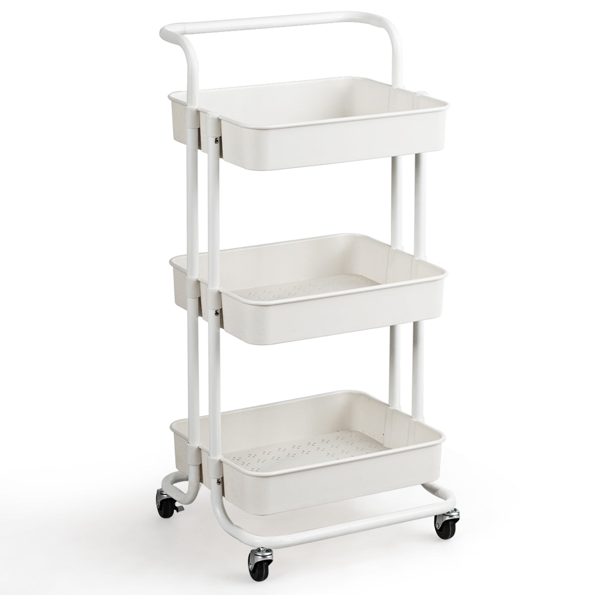 Carrello multifunzione con 3 cesti e maniglia in ABS e ferro da cucina e bagno 42x35x87cm Bianco-Carrelli