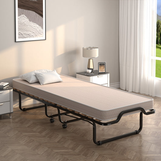 Lettino pieghevole con materasso in memory foam e capacit¨¤ di 120 kg-Letto con struttura metallica e ruote Beige