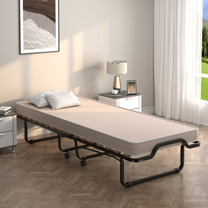 Lettino pieghevole con materasso in memory foam e capacit¨¤ di 120 kg-Letto con struttura metallica e ruote Beige
