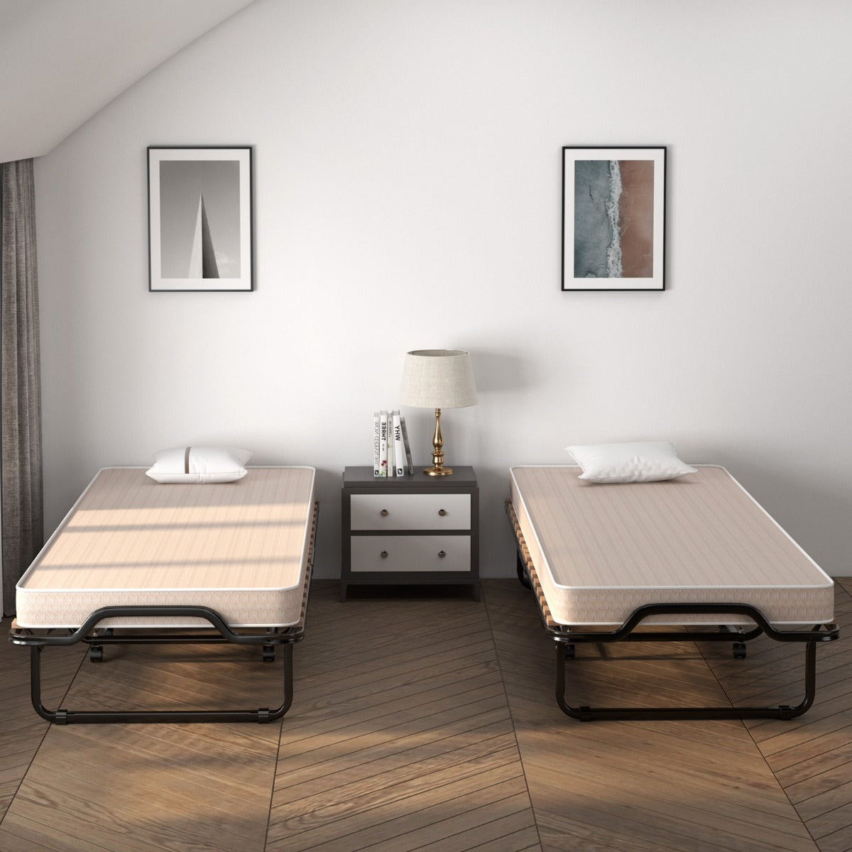 Lettino pieghevole con materasso in memory foam e capacit¨¤ di 120 kg-Letto con struttura metallica e ruote Beige
