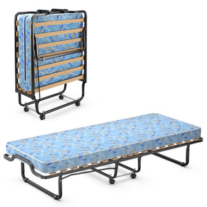 Lettino con materasso in memory foam e capacit¨¤ di 120 kg-Letto pieghevole con struttura metallica e ruote Blu