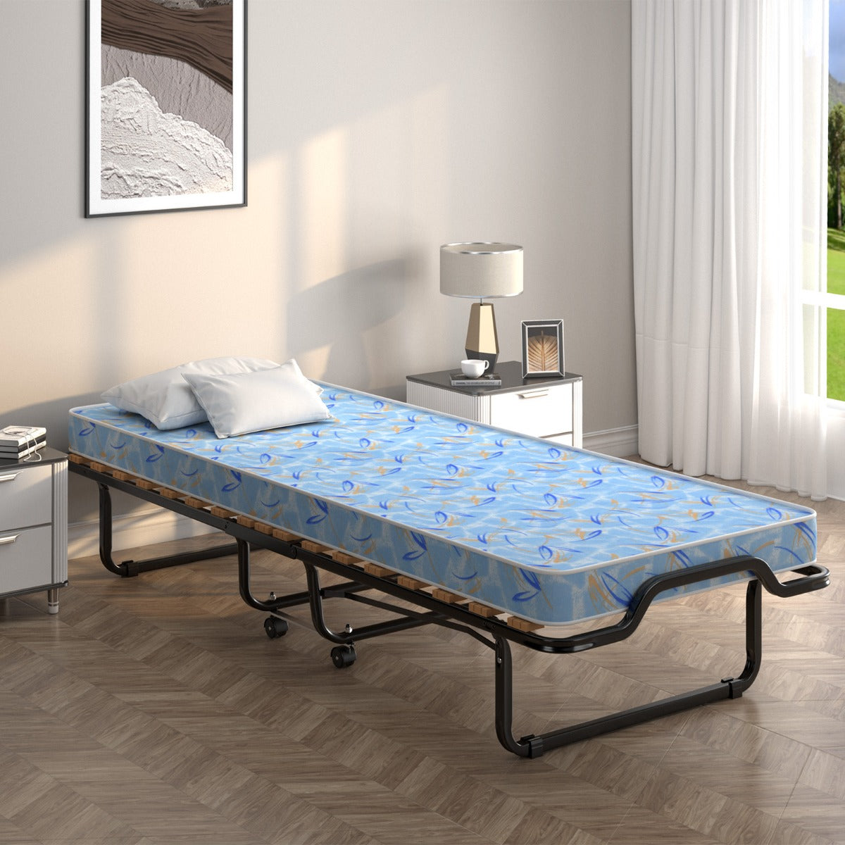 Lettino con materasso in memory foam e capacit¨¤ di 120 kg-Letto pieghevole con struttura metallica e ruote Blu