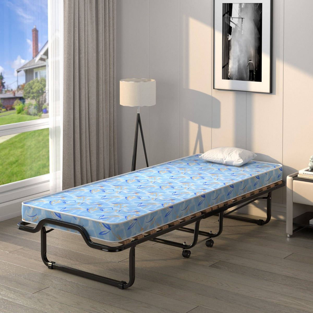 Lettino con materasso in memory foam e capacit¨¤ di 120 kg-Letto pieghevole con struttura metallica e ruote Blu