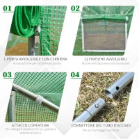 Serra da Giardino a Tunnel 8x3x2m in PE e Acciaio con Porta Avvolgibile e Finestre, Verde