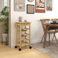 Carrello Cucina con Ruote, Cassetto e 3 Cestini a Rete Metallica, 37x37x76cm, Colore Legno