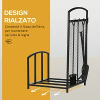 Portalegna da Interno ed Esterno in Metallo con Ganci e 4 Attrezzi Inclusi, 39x39x68cm, Nero
