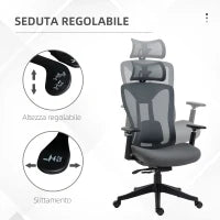 Sedia da Ufficio Reclinabile con Poggiatesta, Supporto Lombare e Altezza Regolabili, Grigio