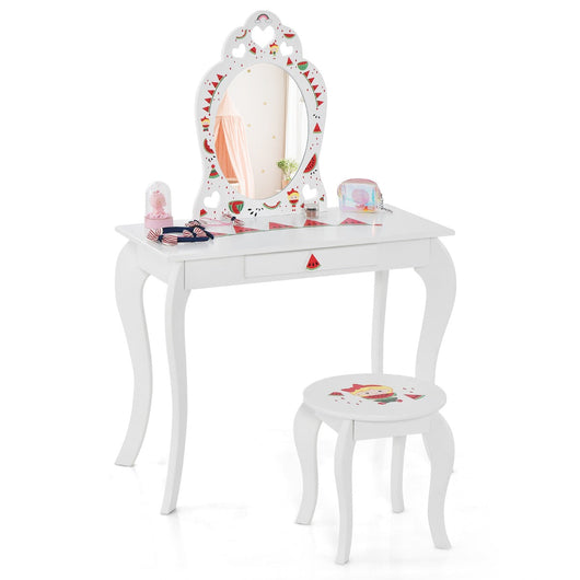 Toilette per bambini 2 in 1 con sgabello e specchio rimovibile tavolo trucco con cassetto e dispositivo antiribaltamento bianco su 20_0004705