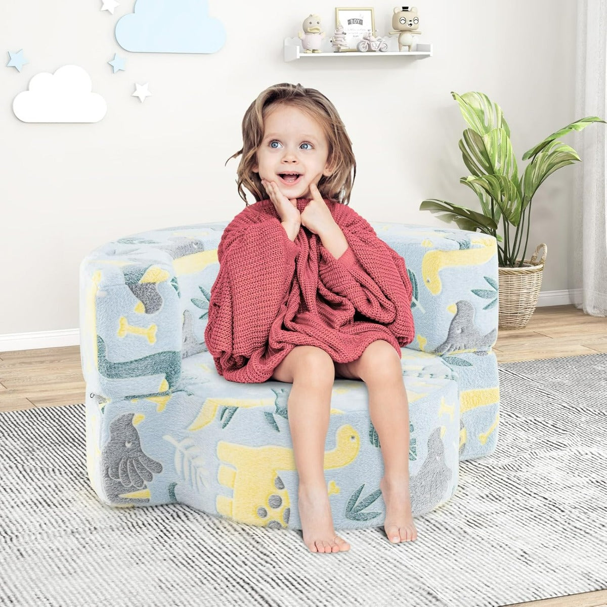 Divano pile per bambini con rivestimento flanella, Spugna morbida e copertura lavabile  Blu-Divani per bimbi