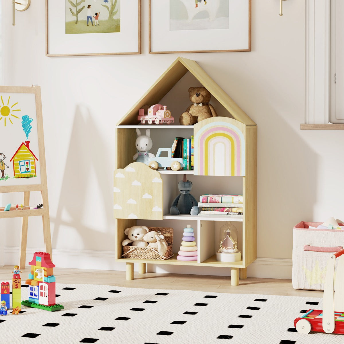 Libretto scaffale per bambini a forma di casa-Libreria per bambini libreria a forma di casa con 2 ante Naturale