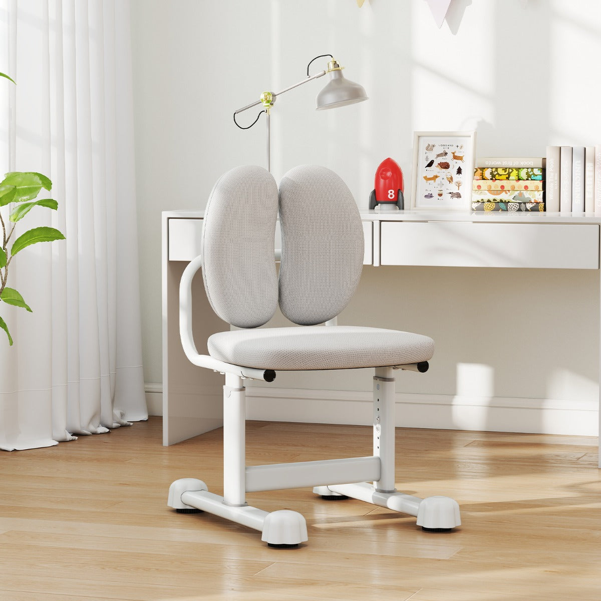 Sedia per studiare con doppio supporto lombare e altezza regolabile, Sedia da compiti imbottita per casa e scuola Grigio-Tavoli e sedie