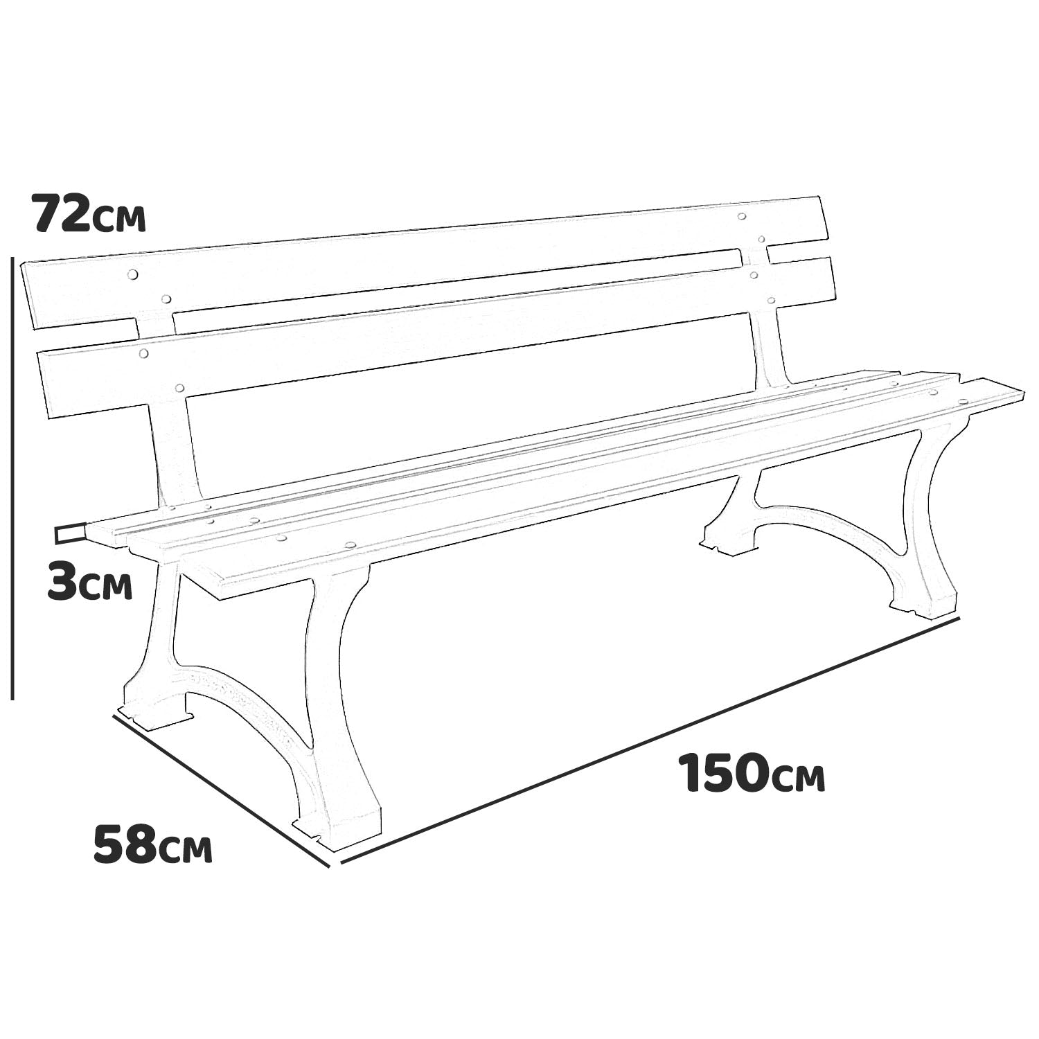 Hyde Park Maxi - Panchina da giardino in legno impregnato e ghisa. Panca per esterno 3 posti. 150x58xH72 cm