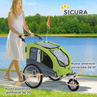 Rimorchio Bici per Cani Taglia Media a 2 Ingressi con Finestrelle e Tettuccio Apribile, 126-155x83x108 cm, Verde