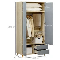 Guardaroba a 2 Ante in Truciolato e MDF con Binario, 3 Ripiani e 2 Cassetti per Soggiorno e Camera, 88.9x50.1x184.5 cm