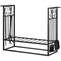 Portalegna Rialzato per Camino in Acciaio Antiruggine, Porta Legna da Interni ed Esterni, 4 Attrezzi Inclusi, 75x30x60cm