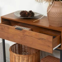 Consolle da Ingresso Minimal con Cassetto, in Legno e Acciaio, 80x30x76 cm, Color Legno e Nero