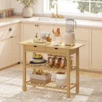 Carrello Cucina in Legno di Bambù con 2 Cassetti, 2 Ripiani a Doghe e 2 Rotelle, 100x43x75 cm, Legno