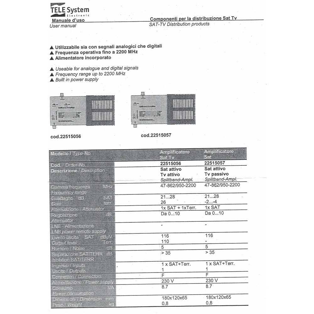 Amplificatore telesystem 22515056 sat attivo tv attivo frequenza 47-862/950-2200