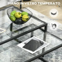 Tavolini da Caffè Impilabili in Vetro temperato e Acciaio per Soggiorno, Nero