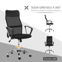 Sedia Ergonomica da Ufficio Girevole e Dondolo con Ruote, Altezza Regolabile e Schienale a Rete, 63x65x109-119 cm, Nero